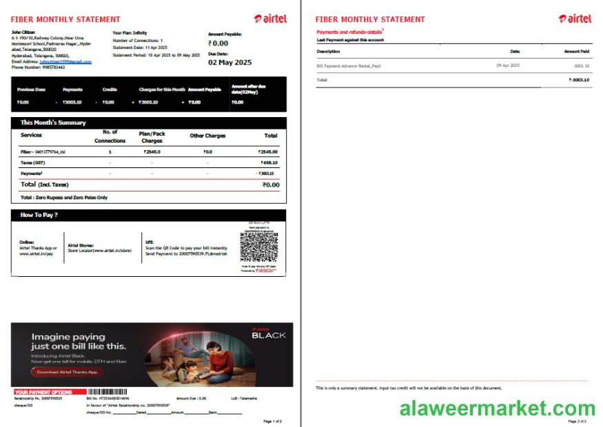 India Airtel utility bill template in Word and PDF formats, 2 pages, version 4